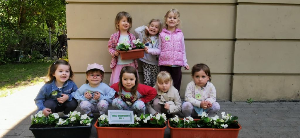 Mali ogrodnicy sadzą wiosenne kwiatki